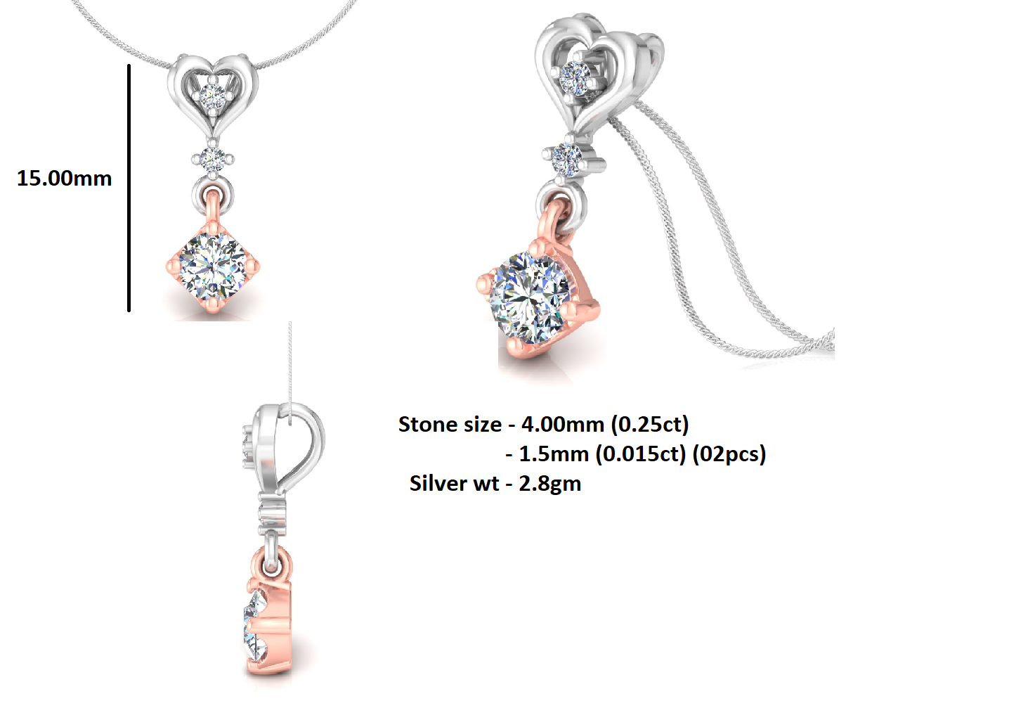 RKC Anello a cuore con pendente in argento con moissanite da 0,40 ct, finitura in oro giallo 14 carati, peso 2,8 g, altezza 15 mm