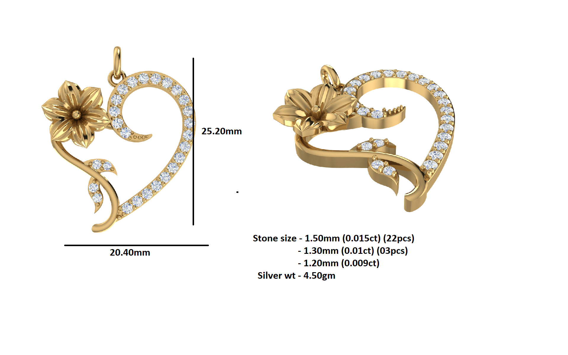 RKC Ciondolo a forma di cuore in moissanite da 0,36 ct, gioielli in argento 925, placcato in oro giallo 14 carati, peso 4,50 g, altezza 25,20 mm