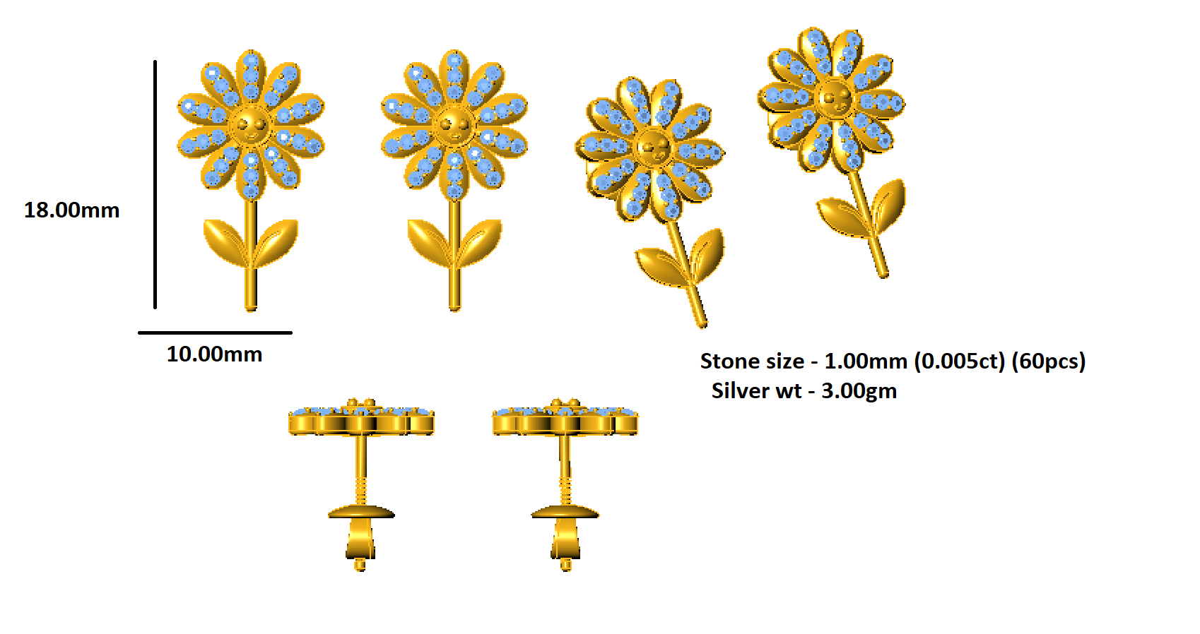 RKC 925 Sterling Silver Girasole Push Back Orecchino da donna in oro bianco 14k su peso 3,00 g, altezza 18,00 mm