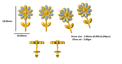RKC 925 Sterling Silver Girasole Push Back Orecchino da donna in oro bianco 14k su peso 3,00 g, altezza 18,00 mm