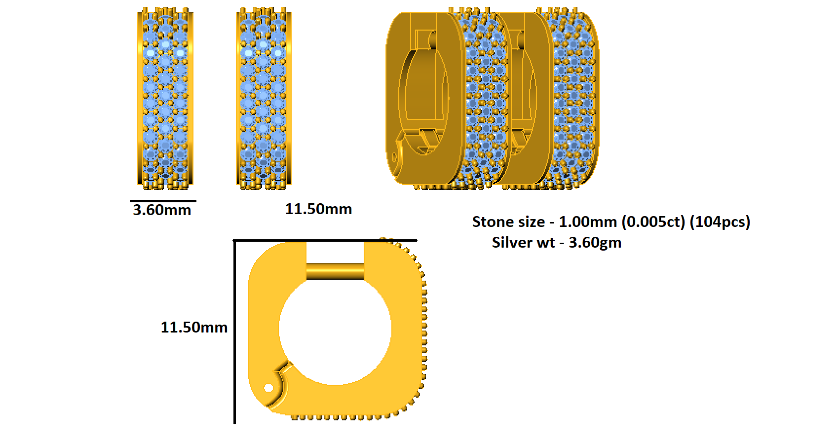 RKC Damen-Ohrring aus 925er-Sterlingsilber, quadratisch, 14 Karat Weiß, Gesamtgewicht: 3,60 GM, Höhe: 11,50 mm