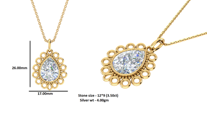 RKC Moissanite/ CZ Golden Pear Shape Pendant with Link Chain 14k Yellow Gold Plated Weight gm