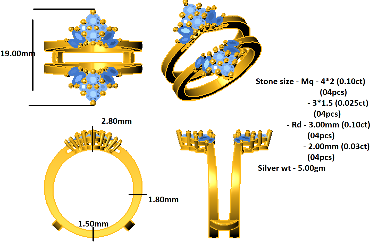 RKC Runder Moissanit Marquise Enhancer Ehering, Jackenring, 925er Sterlingsilber, 14 Karat Gelbgold vergoldet, Gewicht 5 g