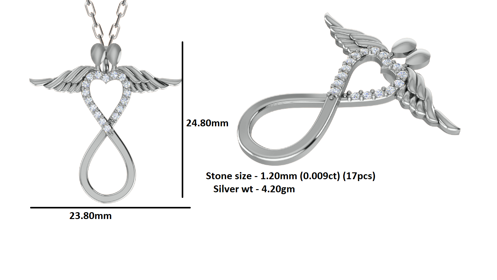 Ciondolo in moissanite con ala infinita da 0,15 ct RKC, gioielli in argento 925, placcato in oro giallo 14 carati, peso 4,20 g, altezza 24,80 mm