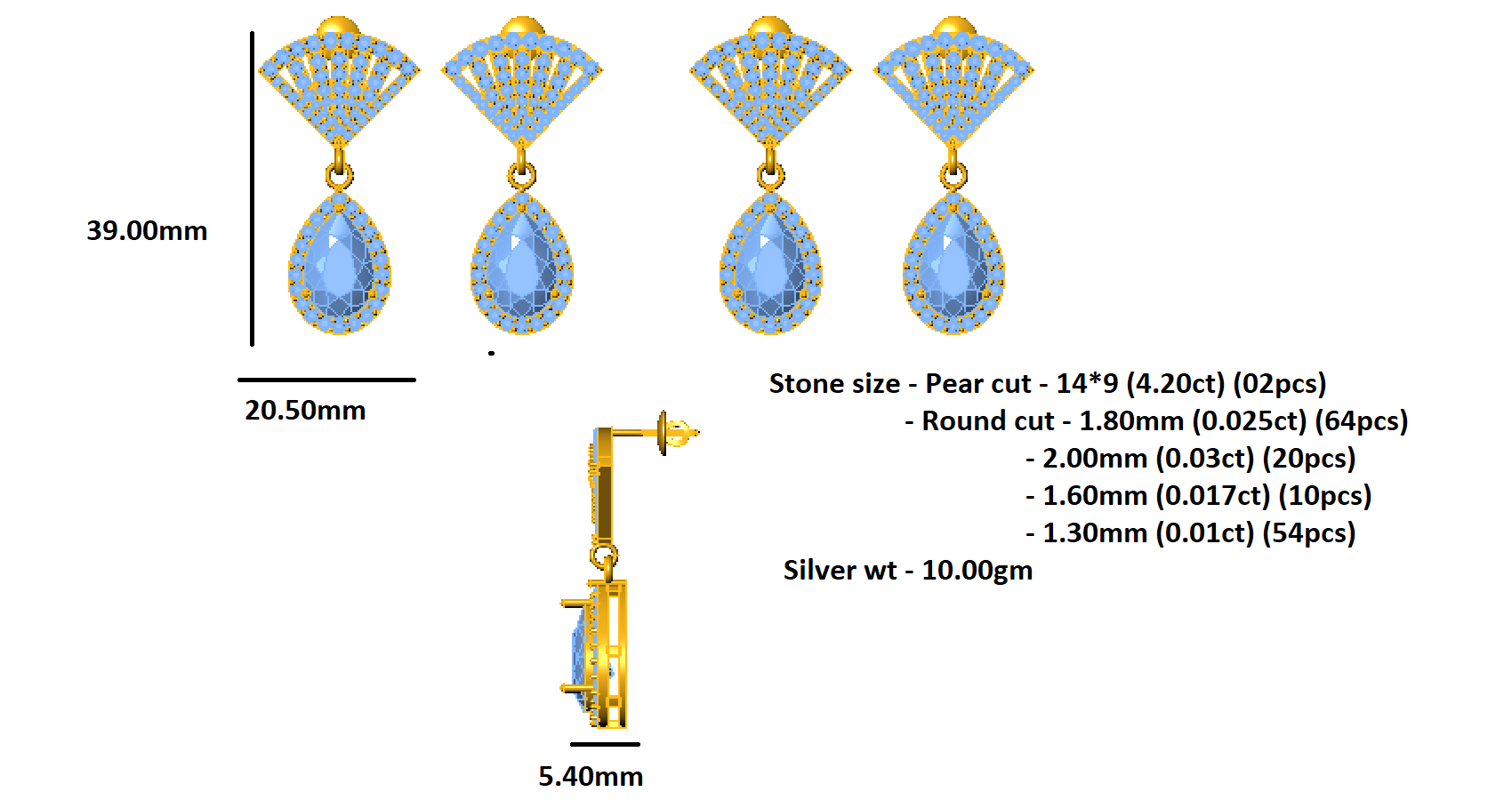 RKC 925 Sterling Silber Tropfen-Ohrring für Damen, Hochzeit, 14 Karat Weiß, Gesamtgewicht: 10,00 GM, Höhe: 39,00 mm