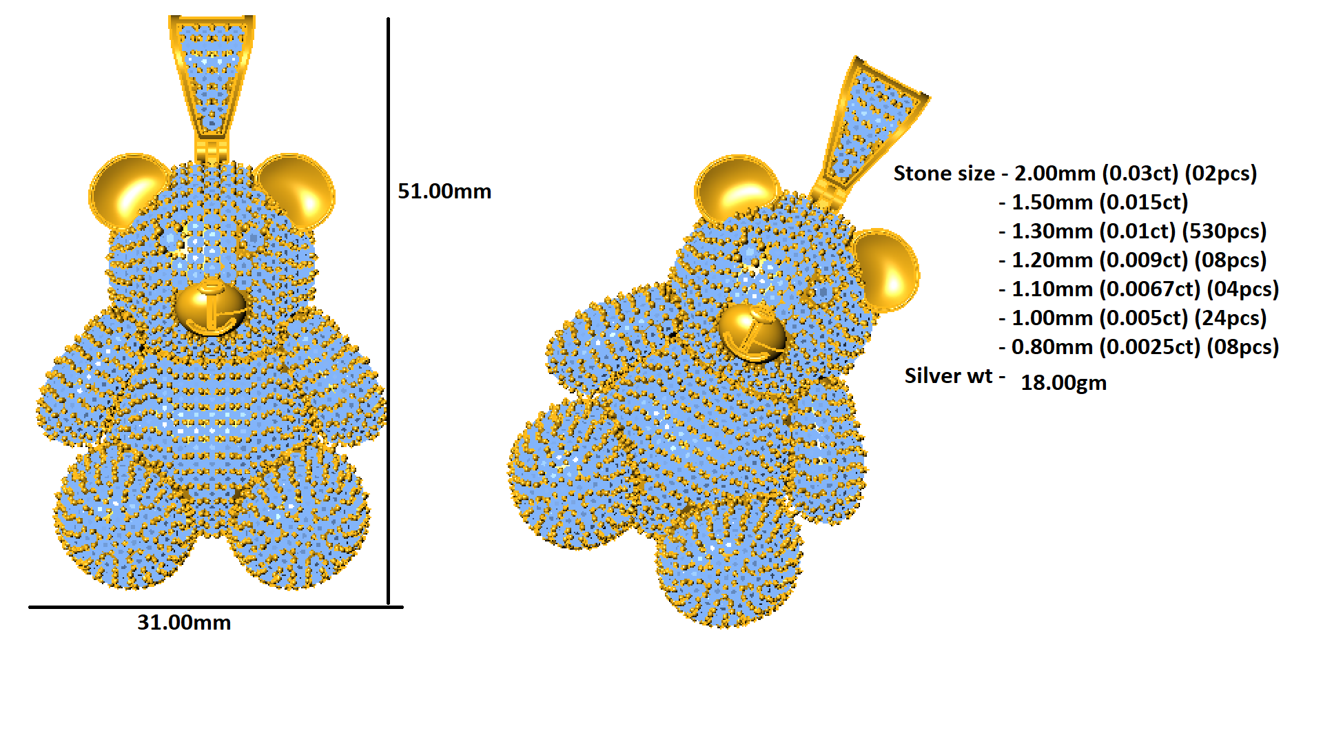 RKC 5,63 ct Moissanit Teddybär süßer Silberanhänger, Gewicht 18,00 g, Höhe 51,00 mm