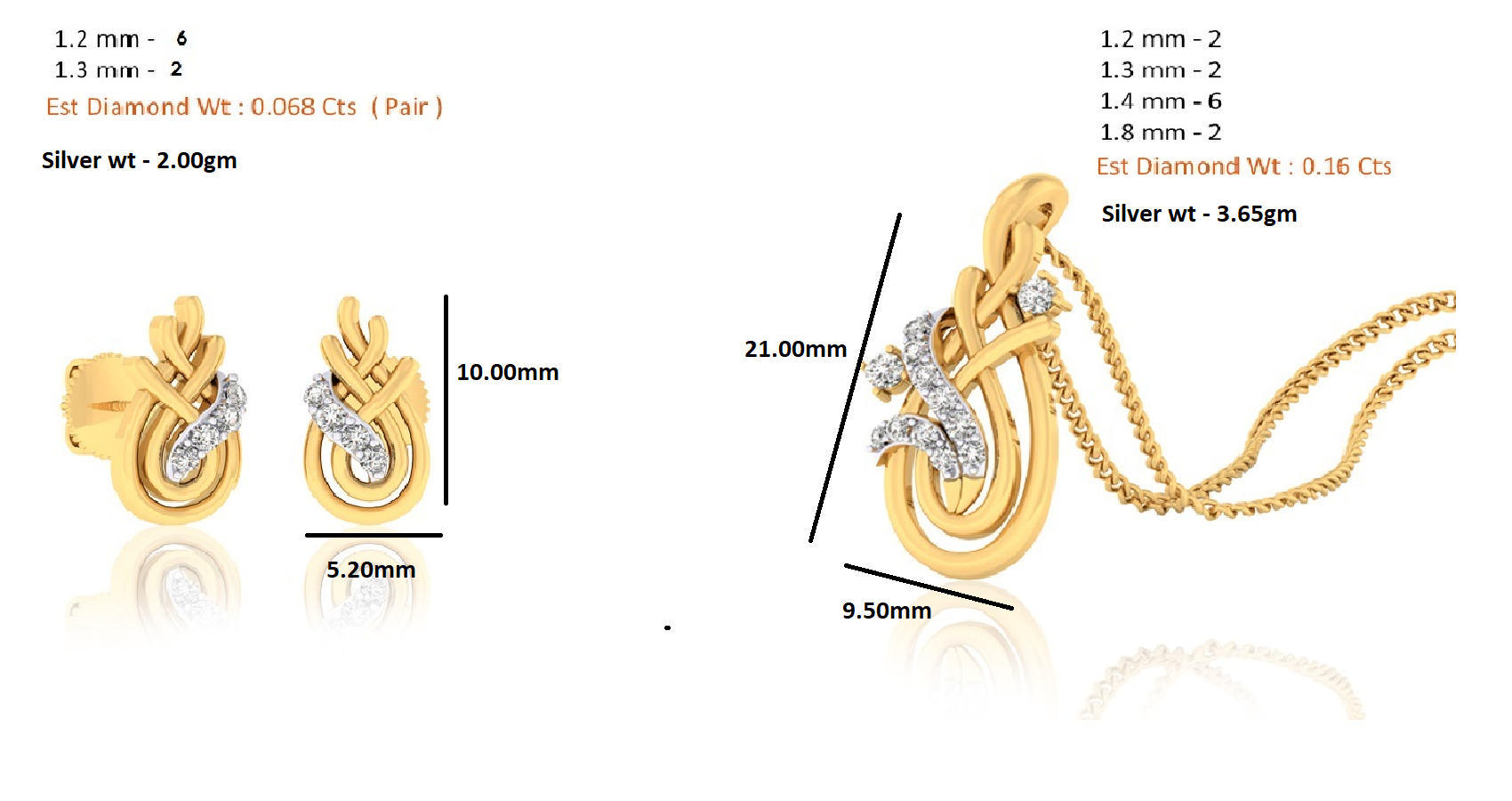 RKC 925 Silber Golden Gesamtgewicht 0,22 Karat Moissanit Anhänger Gewicht 3,65 g und Gewicht Ohrring 2,00 g, Set mit 14 Karat Gelbgold plattiert