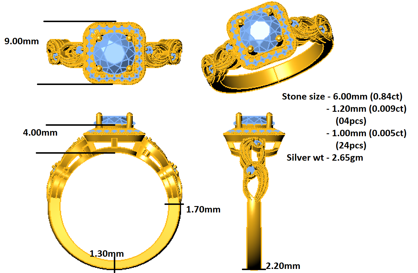 RKC 1 Karat Moissanit-Halo-Braut-Ehering-Set, 14 Karat Gelbgold vergoldet, 925er Silber, Gewicht 2,65 g, Breite 2,20 mm