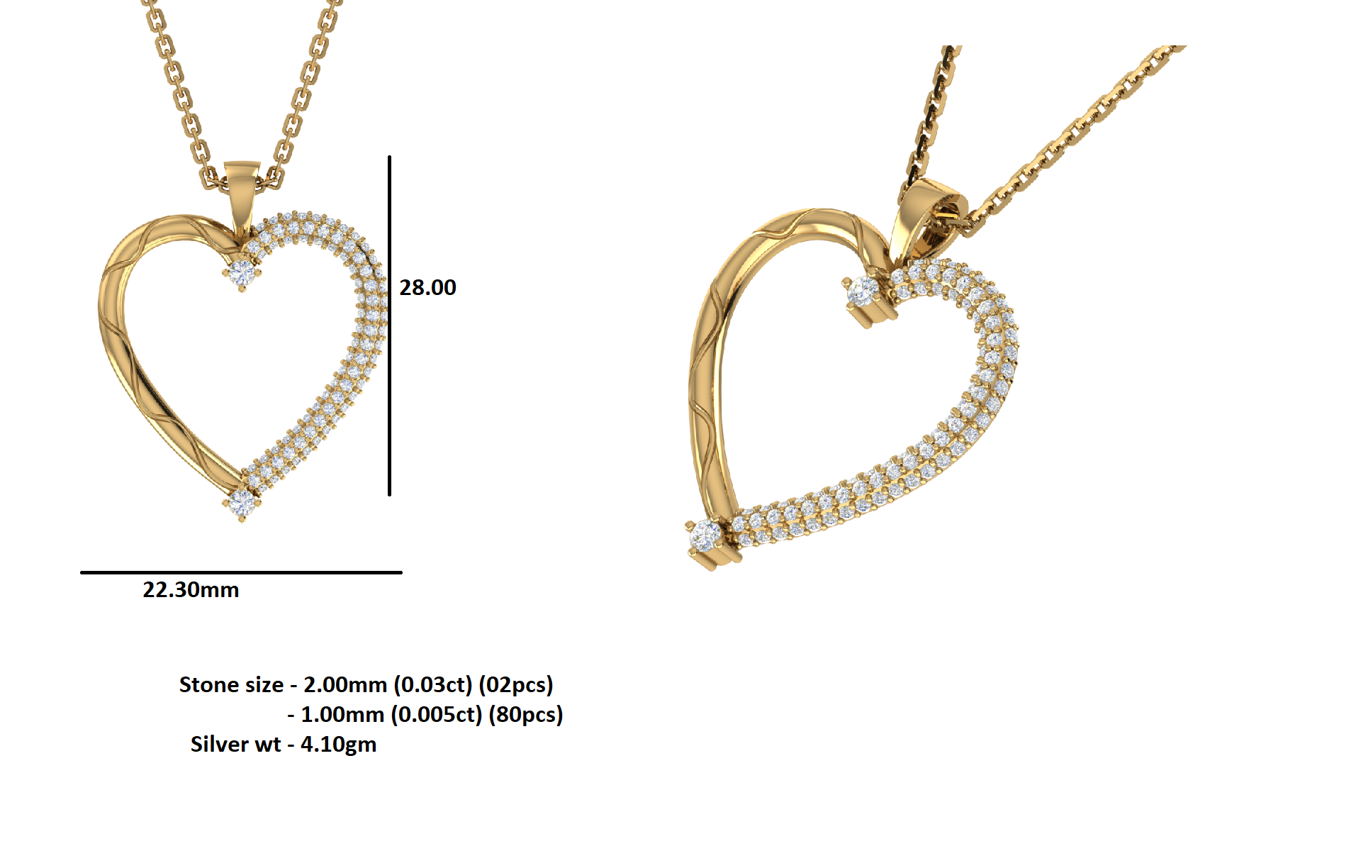 RKC Ciondolo stile cuore in moissanite da 0,46 ct, gioielli in argento 925, placcato in oro giallo 14 carati, peso 4,10 g, altezza 28 mm