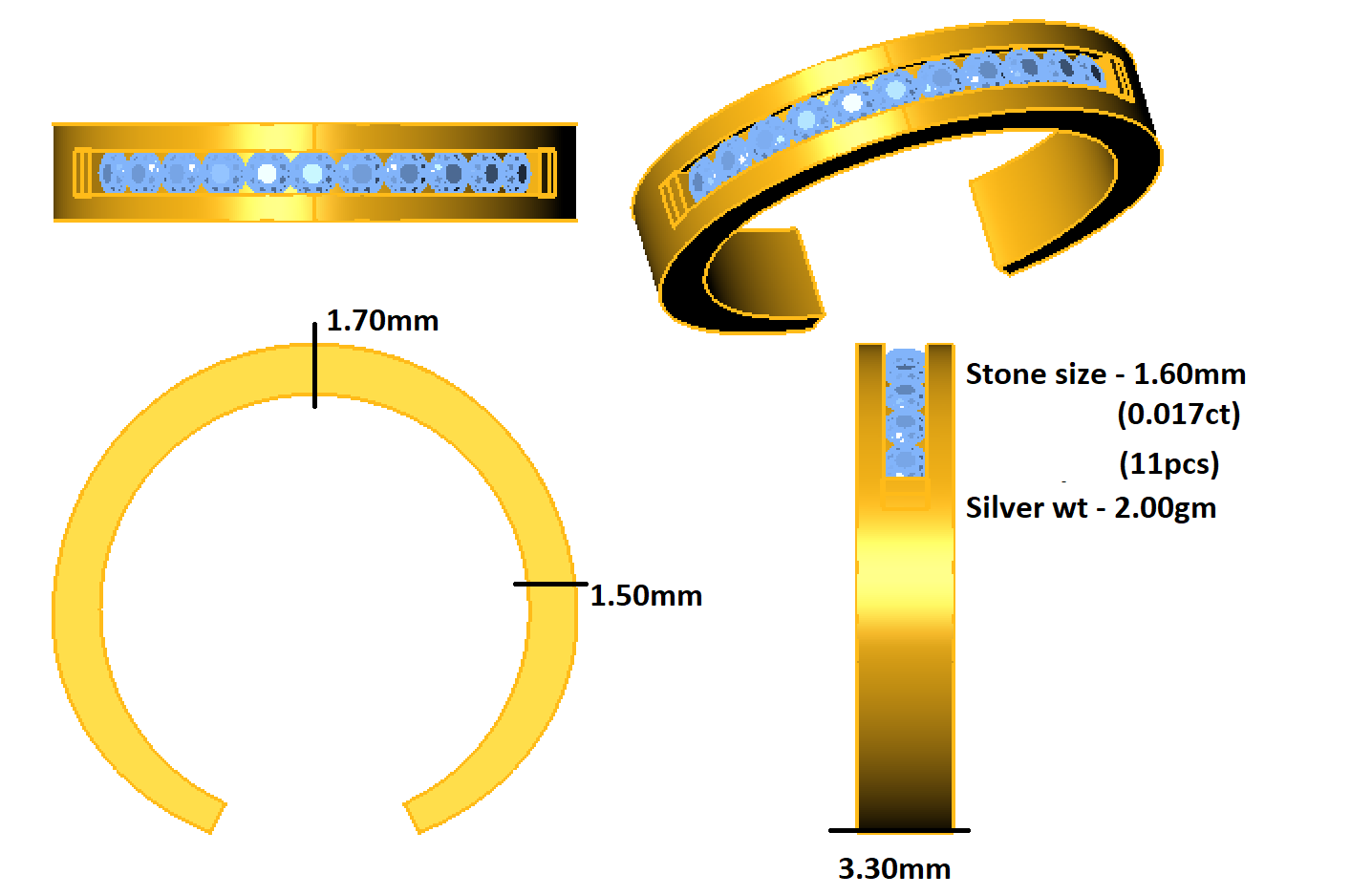 RKC Edler Moissanit-Ehering-Zehenring im Rundschliff für Sie, 925er Sterlingsilber, 14 Karat Gelbgold vergoldet, Gewicht 2 g, Breite 3,30 mm
