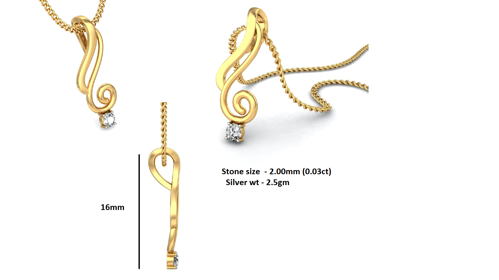 Ciondolo in moissanite da donna in argento sterling 925 RKC da 0,03 ct, finitura in oro rosa 14 carati, peso 2,5 g, altezza 16 mm