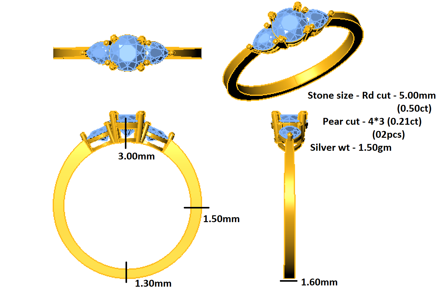 RKC Runder Moissanit-Drei-Steine-Jubiläumsgeschenkring aus 925er Silber mit 14 Karat Gelbgold vergoldeter Ring für Sie, Gewicht 1,50 g, Breite 1,60 mm