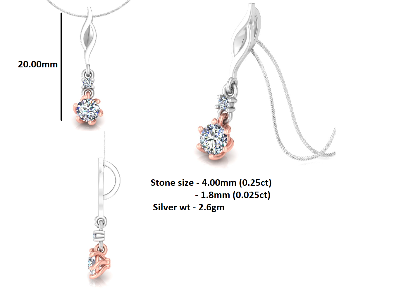 Ciondolo in moissanite da 0,27 ct con due pietre in argento con finitura in oro bianco RKC, regalo per lei, altezza 20,00 mm, peso 2,6 g