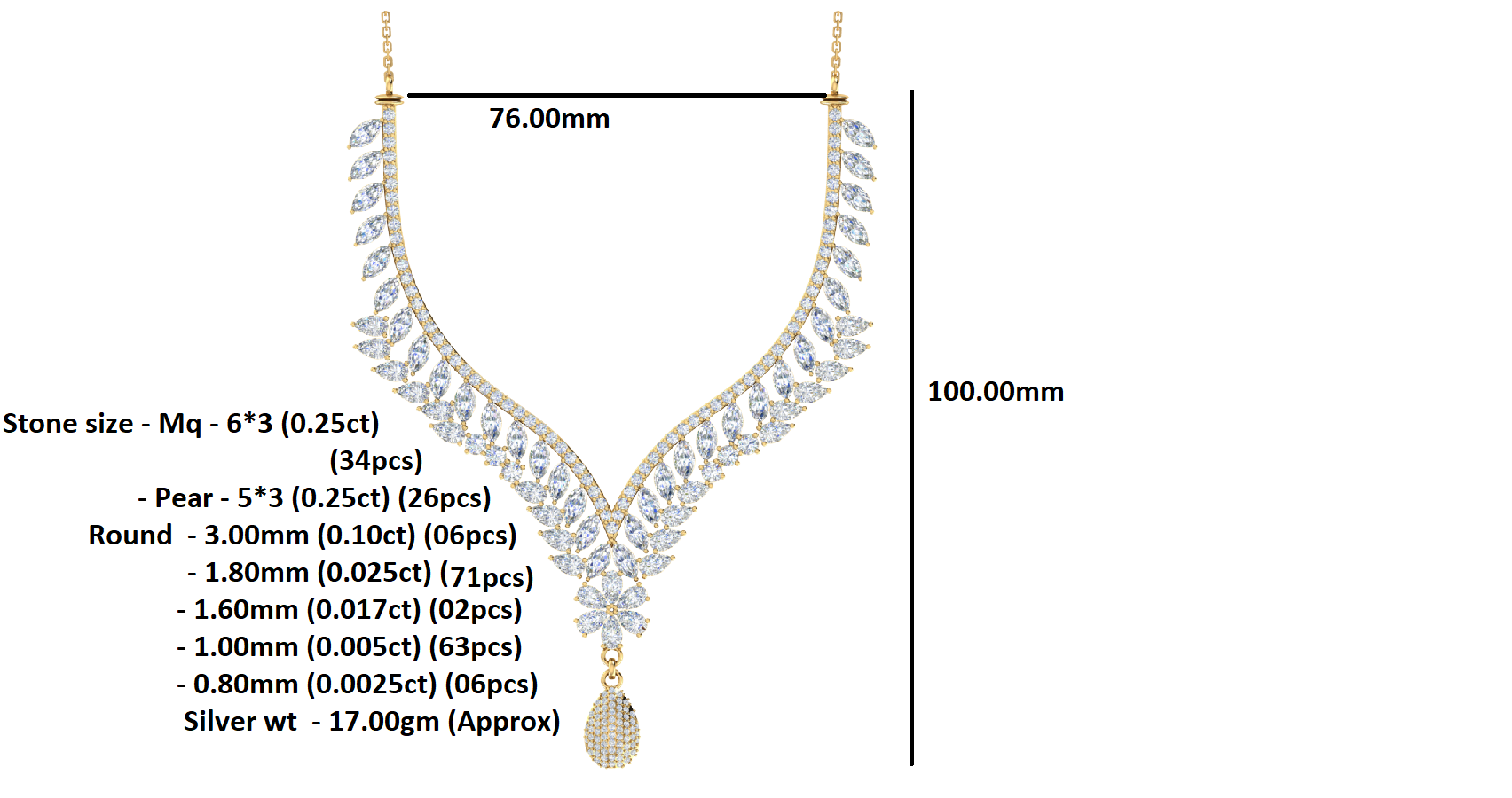 Charmante RKC 18 CT Moissanit-Halskette, 925er Silber, 14 Karat Roségold plattiert, Produktgewicht: 17,00 GM, Höhe: 100,00 mm