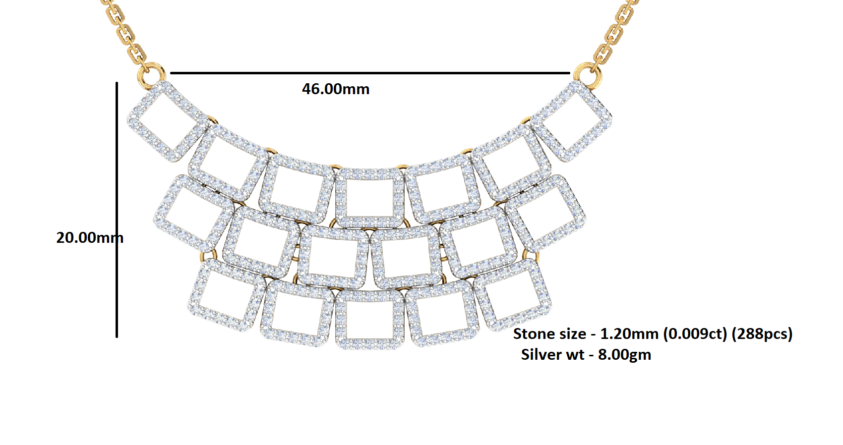 RKC 2,6 CT Moissanit-Halskette, 925er Silber, 14 Karat Gelbgold plattiert, Produktgewicht: 8,00 GM, Höhe: 20,00 mm