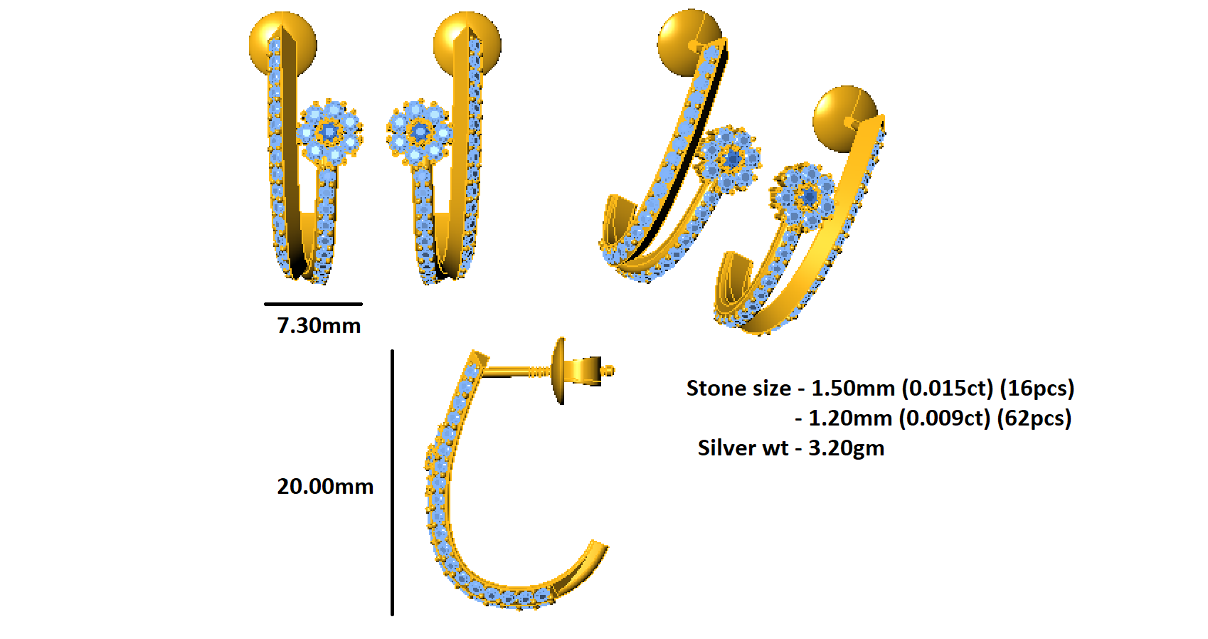 RKC 925 Sterling Silber Hoops & Huggies Ohrring Damenohrring 14 Karat Gelbgold über 3,20 WT, Höhe 20,00 mm