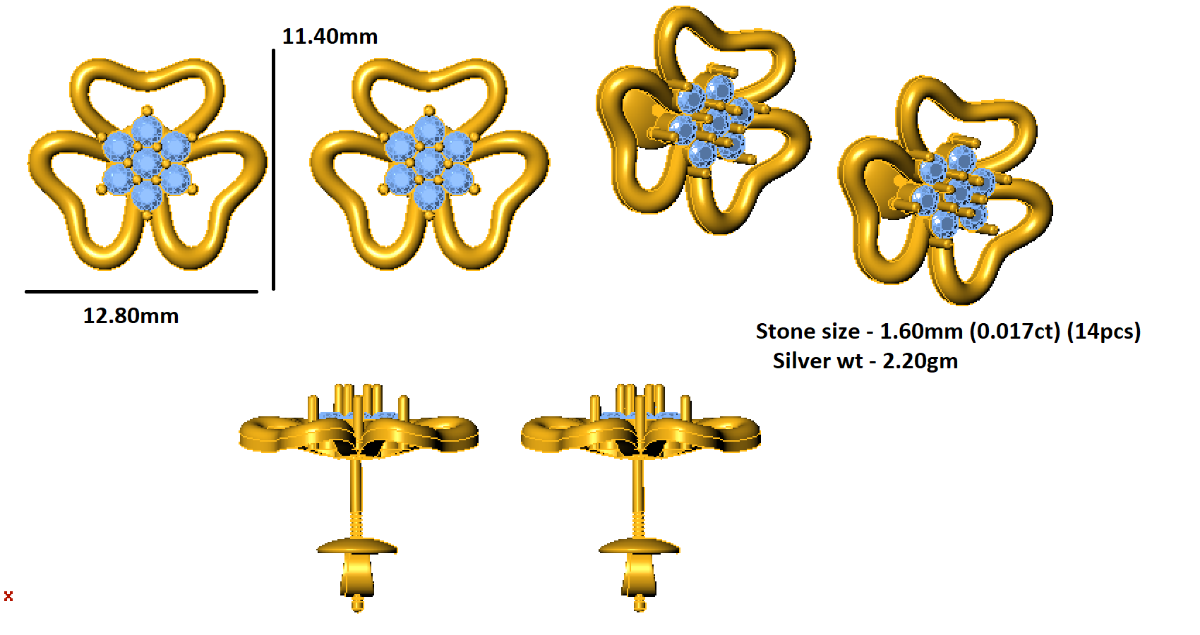 RKC 925 Sterling Silber Damen-Ohrring mit Blumenmuster für den täglichen Gebrauch, 14 Karat Rose über Produktgewicht 2,20 GM, Höhe 11,40 mm