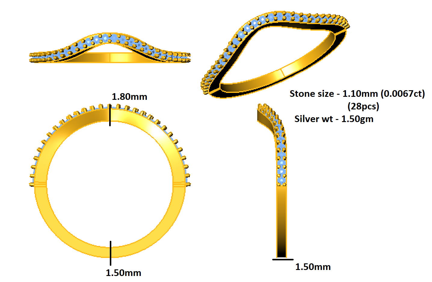 RKC Rundschliff-Moissanit-Verlobungsring, 925er Silber, 14 Karat Gelbgold plattiert, für Damen, Gewicht 1,50 g und Breite 1,50 mm