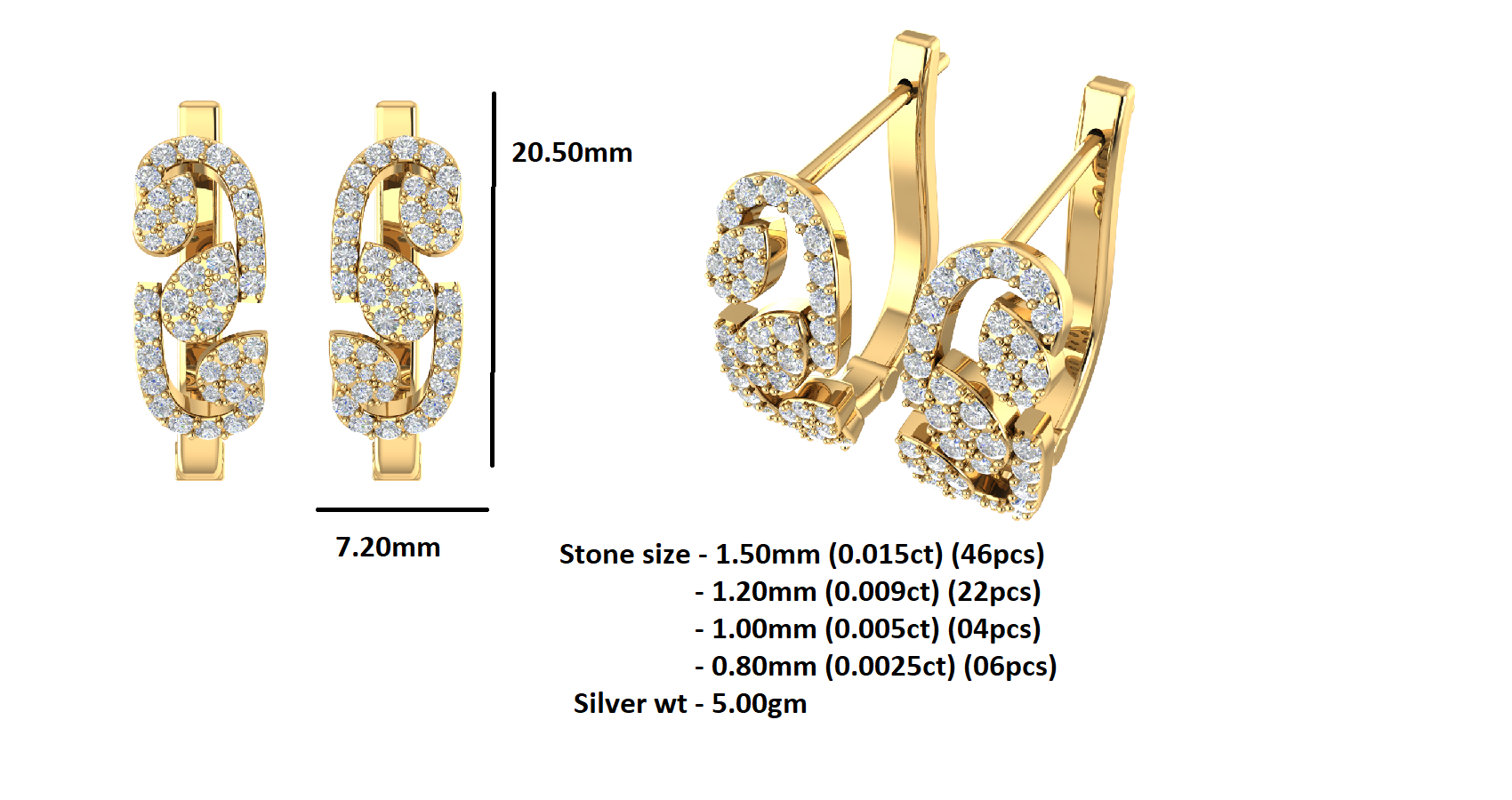 Orecchino da donna Hoops & Huggies in argento sterling RKC 925 con rosa 14k su peso 5,00 g, altezza 20,50 mm