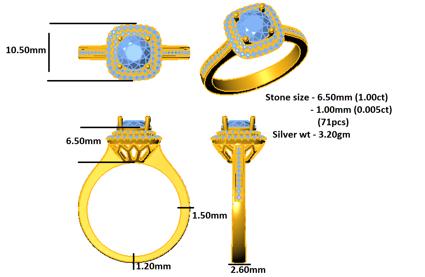 RKC Runder Moissanit-Ehering für Sie, 925er Sterlingsilber, 14 Karat Gelbgold vergoldet, Gewicht 3,20 g, Breite 2,60 mm