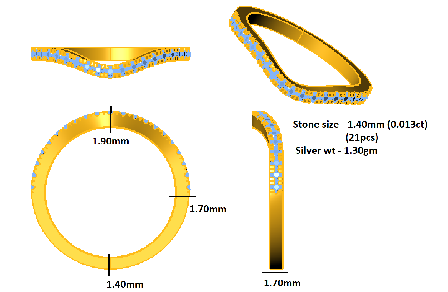 Fede nuziale da donna curva Moissanite RKC, oro giallo su argento sterling 925, peso 1,30 g.
