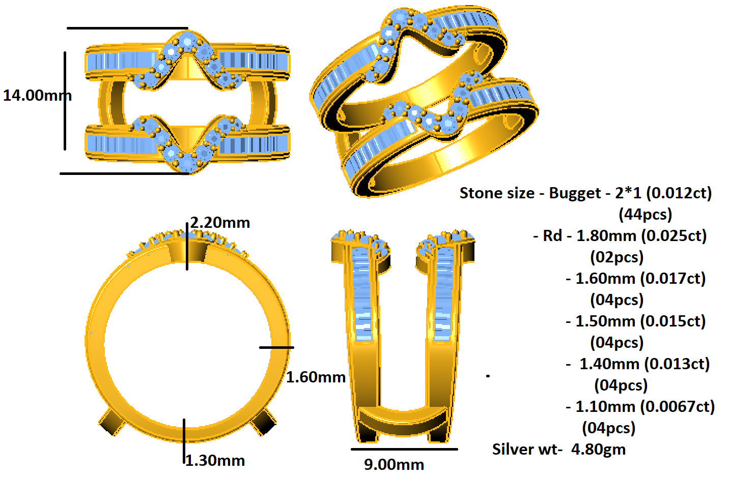 RKC 0,79 Karat Moissanit-Verlobungsring, 925er Silber, 14 Karat Gelbgold vergoldet, für Damen, 4,80 g und Breite 9 mm