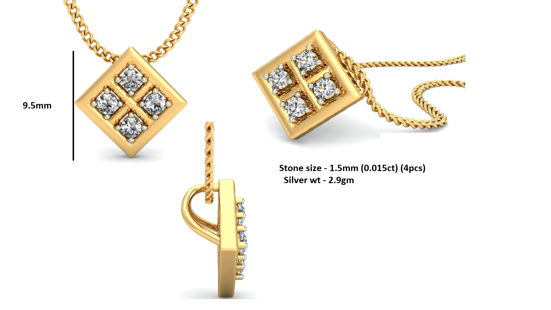 Ciondolo in moissanite da donna in argento 925 RKC da 0,06 ct, placcato in oro giallo 14 carati, peso 2,9 g, altezza 9,5 mm