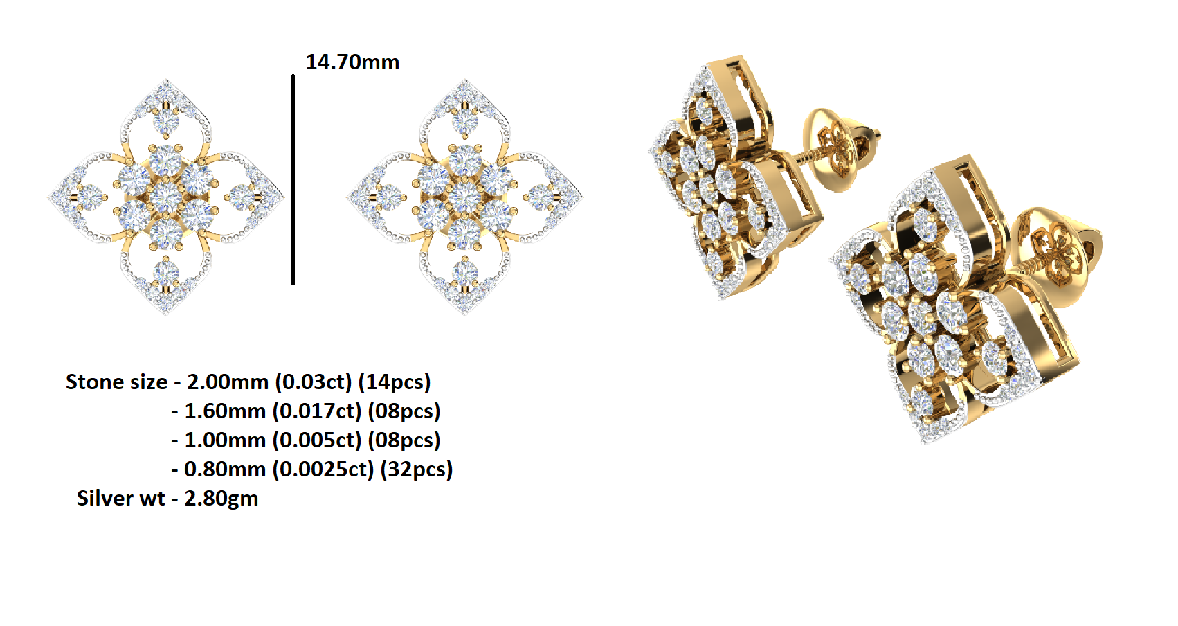 RKC 925 Sterling Silber Damen-Ohrring mit Blumenmuster für den täglichen Gebrauch, 14 Karat Gelb, Produktgewicht: 2,80 GM, Höhe: 14,70 mm