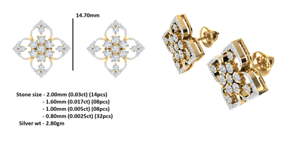 RKC 925 Sterling Silber Damen-Ohrring mit Blumenmuster für den täglichen Gebrauch, 14 Karat Gelb, Produktgewicht: 2,80 GM, Höhe: 14,70 mm