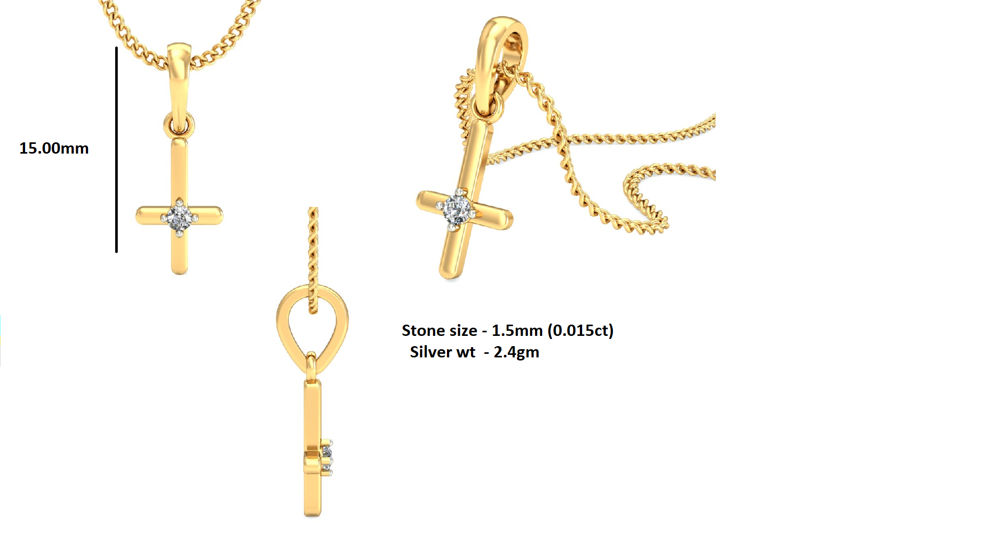 RKC Ciondolo in moissanite da donna in argento 925 con croce religiosa da 0,015 ct, placcato in oro giallo 14 carati, peso 2,4 g, altezza 15 mm