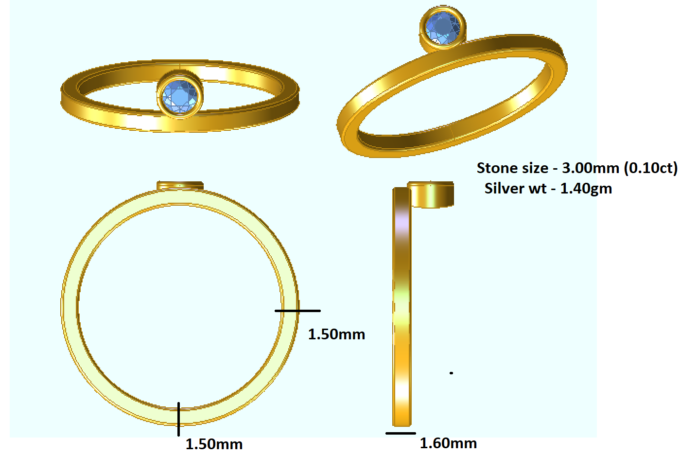 Anello di fidanzamento rotondo in moissanite RKC da 3 mm in argento 925 placcato in oro giallo 14k per donna Peso 1,40 g Larghezza 1,60 mm
