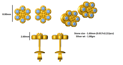 RKC 925 Sterling Silver Flower Push Back Orecchino da donna in oro bianco 14k su peso 1,80 mm altezza 8,00 mm