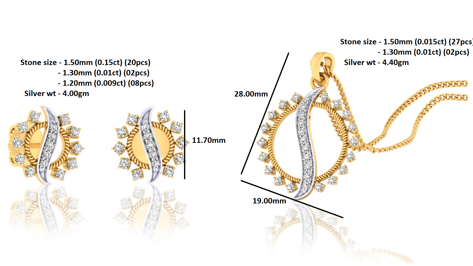 RKC 925 Silber, insgesamt 3,51 ct Moissanit-Anhänger mit einem Gesamtgewicht von 4,40 g und einem Gewicht von 4,00 g Ohrring, besetzt mit 14-karätigem Gelbgold