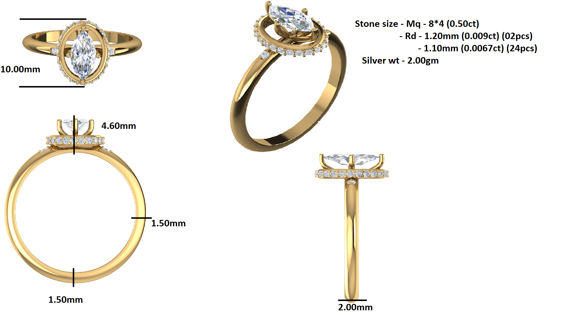 RKC Marquise-Moissanit-Halo-Verlobungsring, 925er Silber, Gelbgold vergoldet, für Damen, Gewicht 2 g