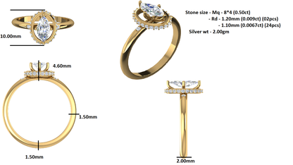 RKC Marquise-Moissanit-Halo-Verlobungsring, 925er Silber, Gelbgold vergoldet, für Damen, Gewicht 2 g