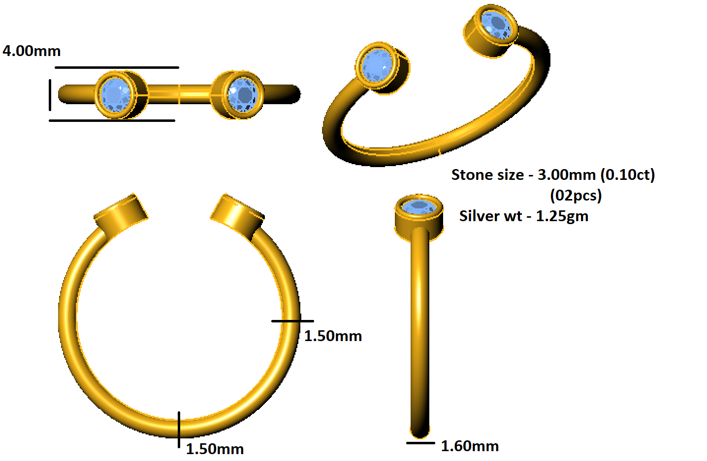 RKC Runder Moissanit-Ring mit zwei offenen Steinen für Damen, 925er Sterlingsilber, 14 Karat Roségold vergoldet, Gewicht 1,25 g, Breite 1,60 mm