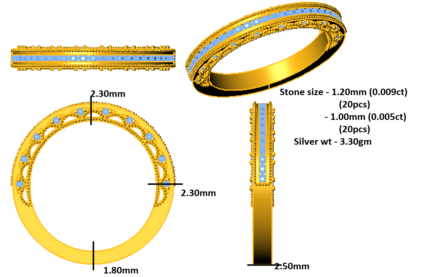 RKC Rundschliff-Moissanit-Ewigkeitsring für Damen, 925er-Silber, plattiert mit 14 Karat Gelbgold, Gewicht 3,30 g, Breite 2,50 mm