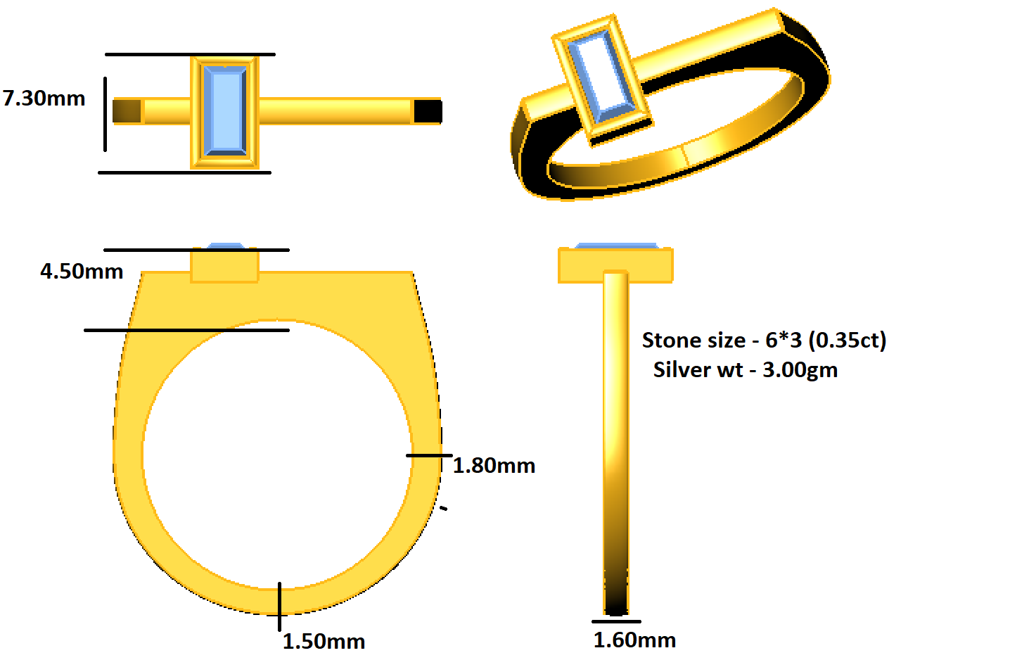 Anello regalo con fascia solitaria unisex RKC Baguette Moissanite Argento 925 placcato oro giallo 14K Peso 3 g Larghezza 1,60 MM