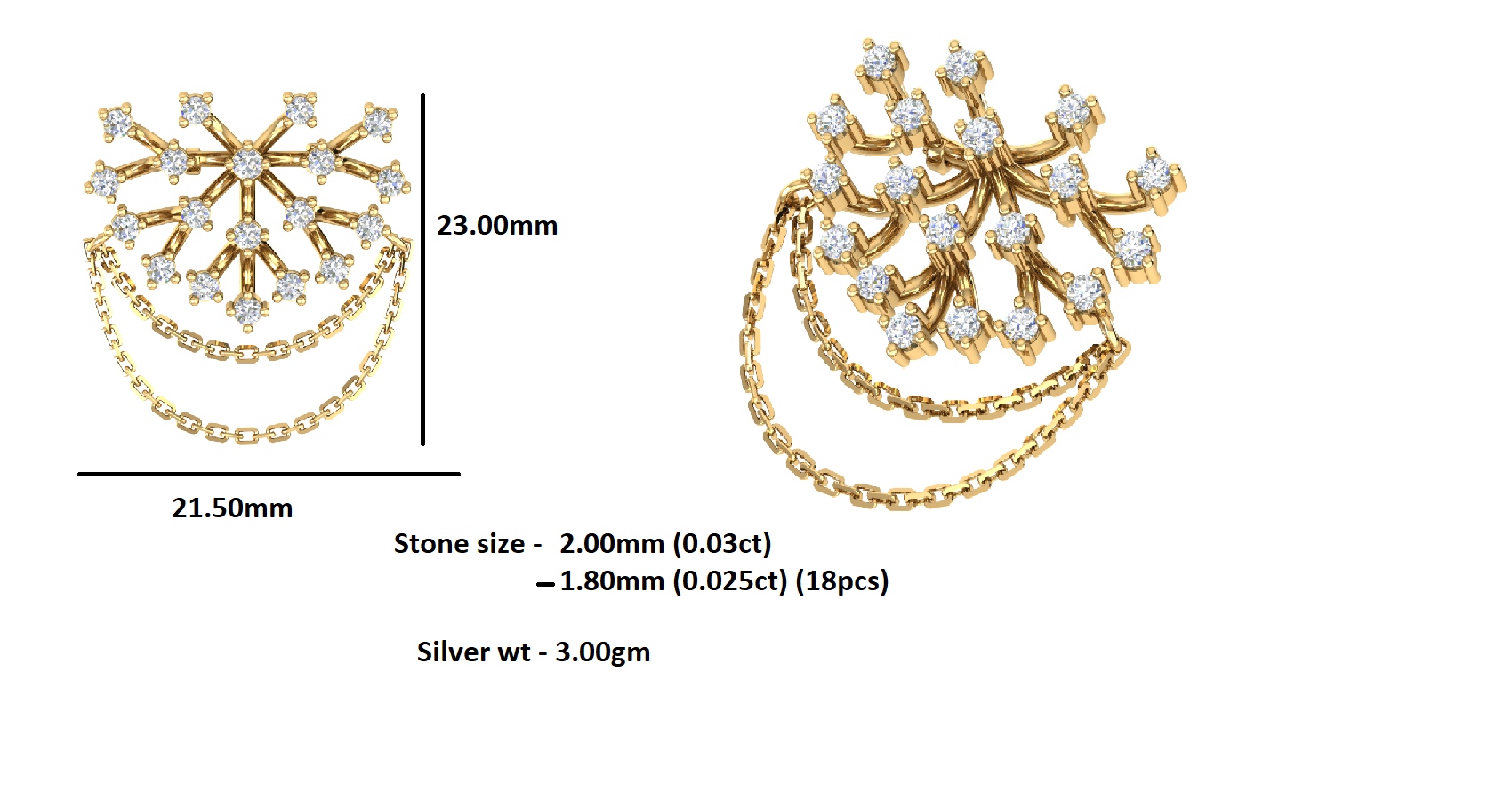 Spilla RKC Moissanite in argento sterling 925 placcata in oro giallo 14 carati Peso del prodotto 3,00 GM Altezza 23,00 MM