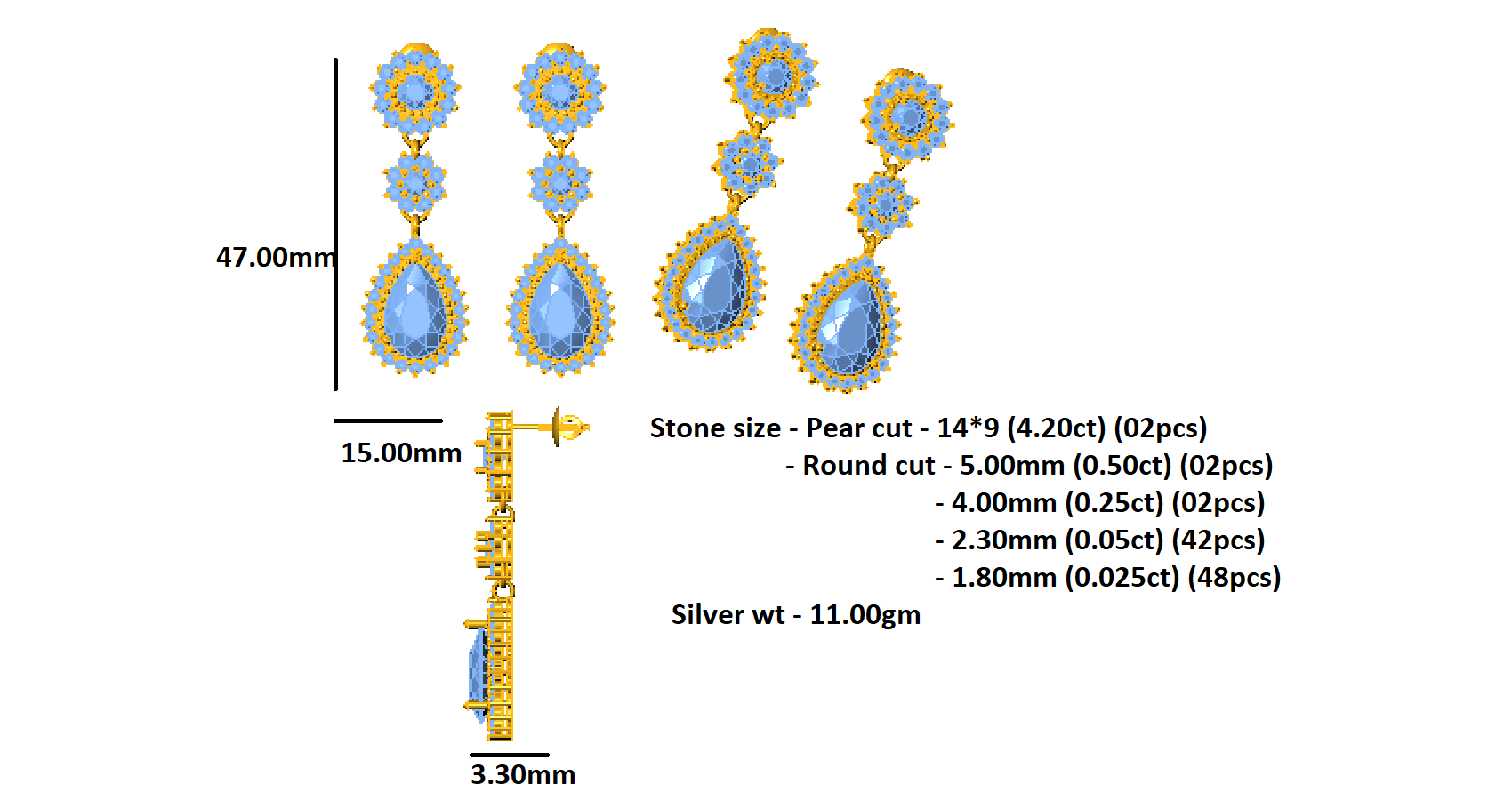 RKC 925 Sterling Silber Tropfen-Ohrhänger für Damen, 14 Karat weiß, Produktgewicht 11,00 GM, Höhe 47,00 mm