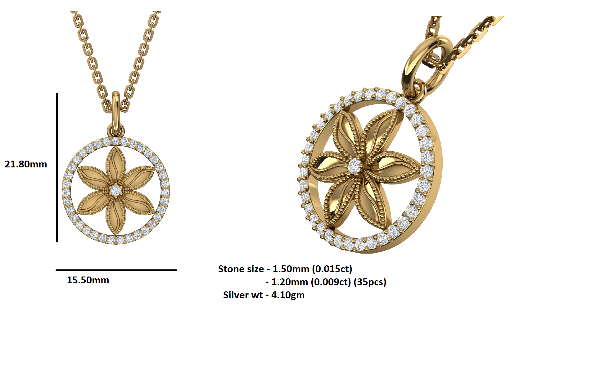 RKC 0,33 Karat Blumen-Moissanit-Anhänger, 925er Silberschmuck, 14 Karat Roségold vergoldet, Gewicht 4,10 g, Höhe 21,80 mm