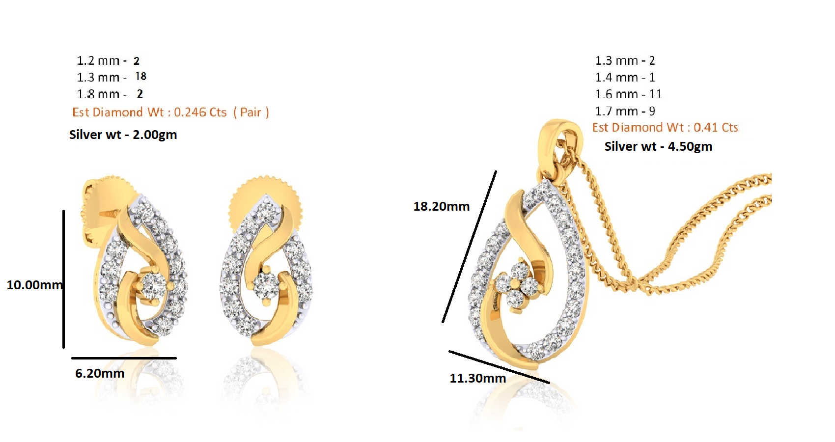 RKC 925 Silber Goldener Moissanit-Anhänger mit einem Gewicht von insgesamt 0,65 ct (Gewicht 4,50 g) und einem Gewicht (Ohrring) mit 2,00 g (Gewicht: 2,00 g), besetzt mit 14 Karat Rosévergoldung
