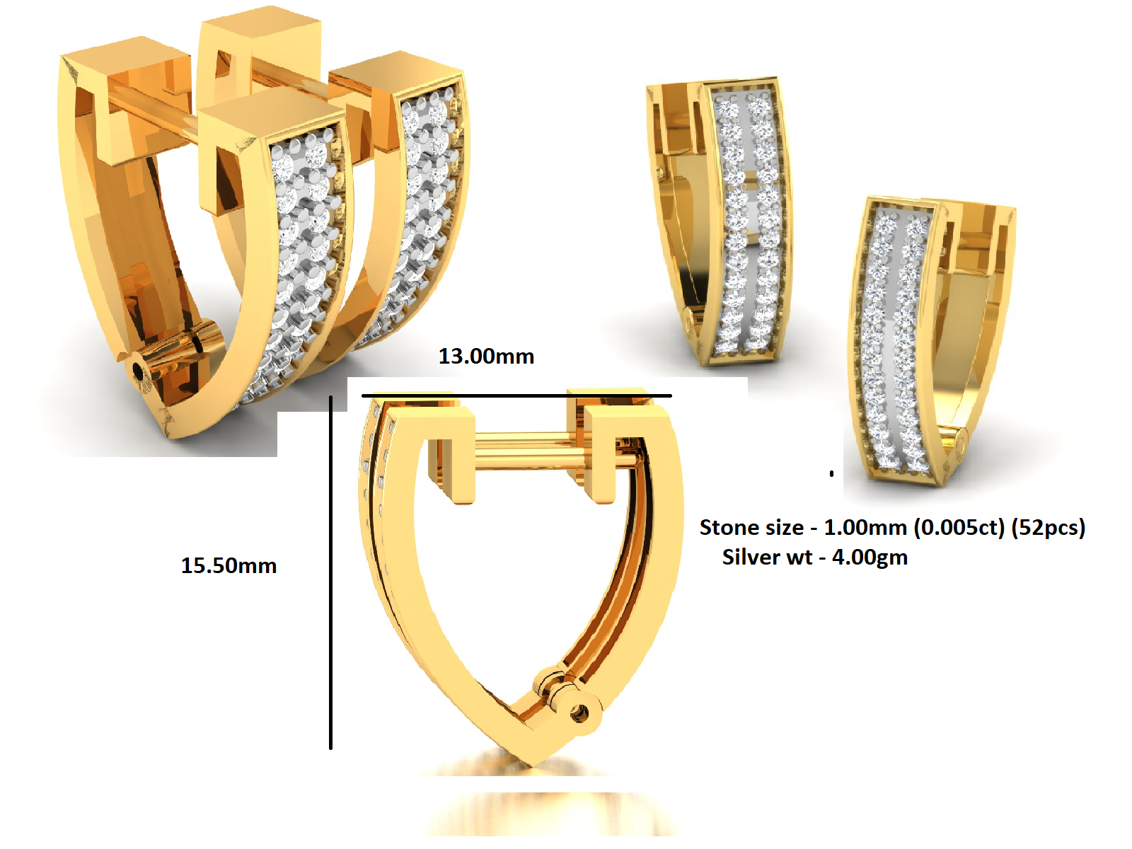 RKC Hoop Kleiner Moissanit-Ohrstecker für Damen, 925er Silber, 14 Karat Gelbgold, über 4,00 g, Höhe 15,50 mm
