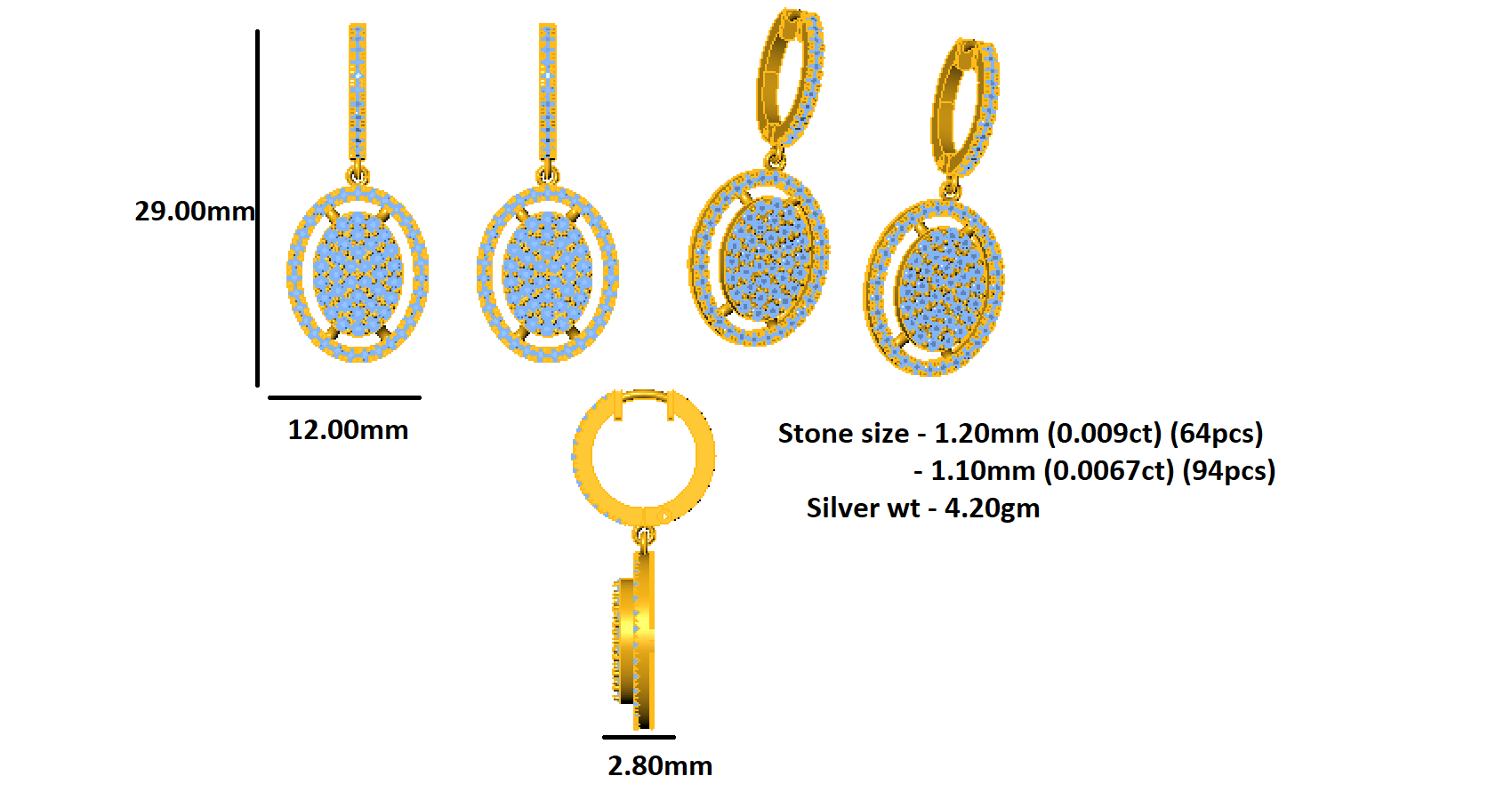 RKC 925 Sterling Silber Tropfen-Ohrhänger für Damen, 14 Karat Gelb, Gesamtgewicht 4,20 GM, Höhe 29,00 mm