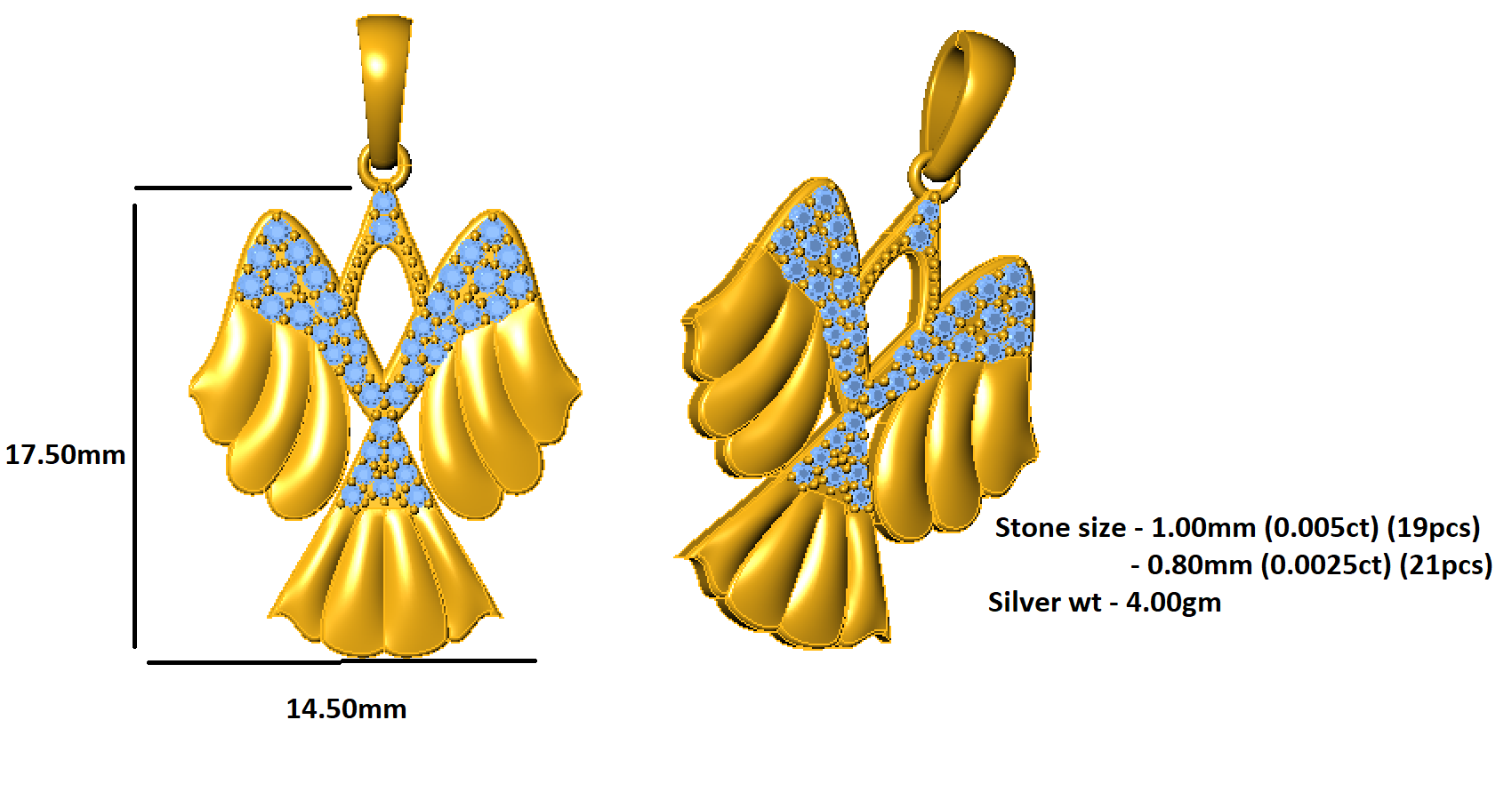 RKC 0,14 Karat Moissanit-Flügel-Anhänger, 925er Silberschmuck, 14 Karat Gelbgold vergoldet, Gewicht 4,00 g, Höhe 17,50 mm
