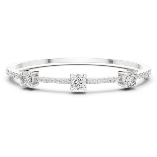 925 Silver Three-Stone Round Moissanite Pavé Bangle Bracelet – 14K Gold Plated