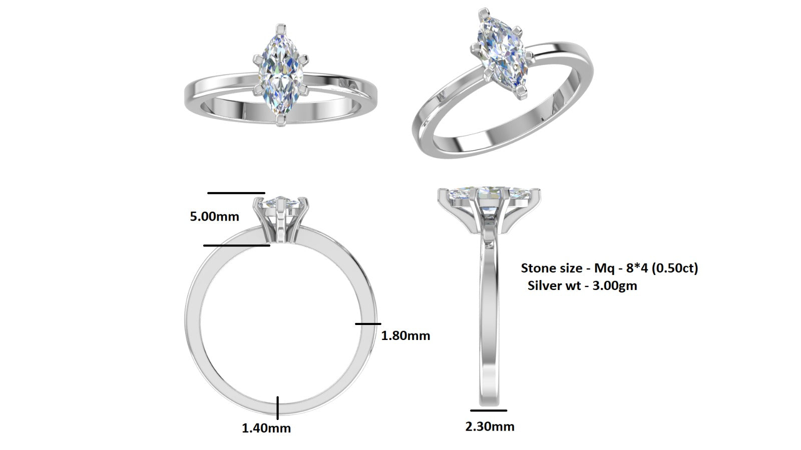 Anello di fidanzamento in moissanite con taglio marquise RKC in argento 925 placcato in oro bianco da donna, peso 3,00 g