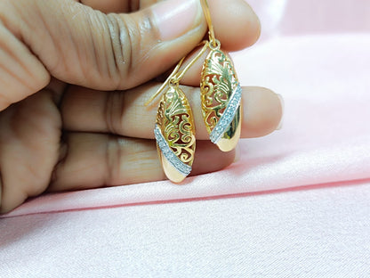 RKC Golden Unique Design Moissanite Hanging Hoop Earrings 14k Yellow Gold Plated Weight 4.5 gm