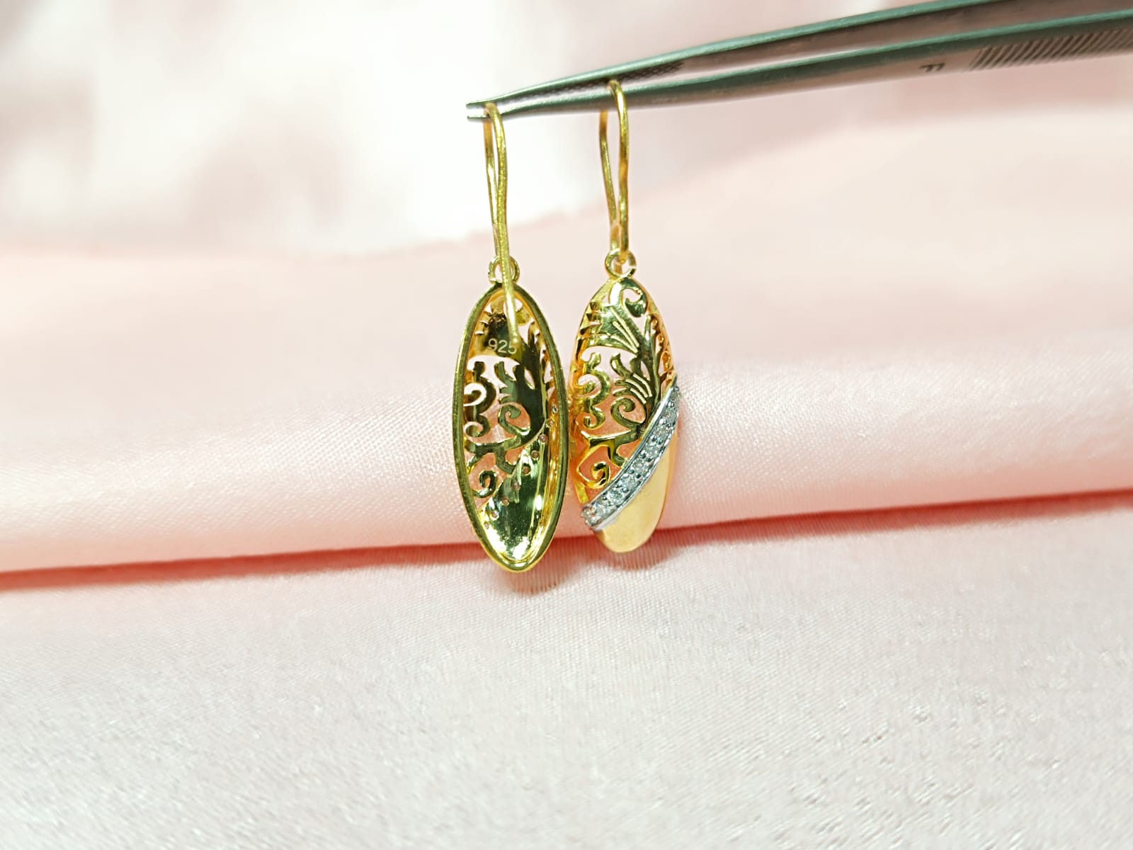 RKC Golden Unique Design Moissanite Hanging Hoop Earrings 14k Yellow Gold Plated Weight 4.5 gm