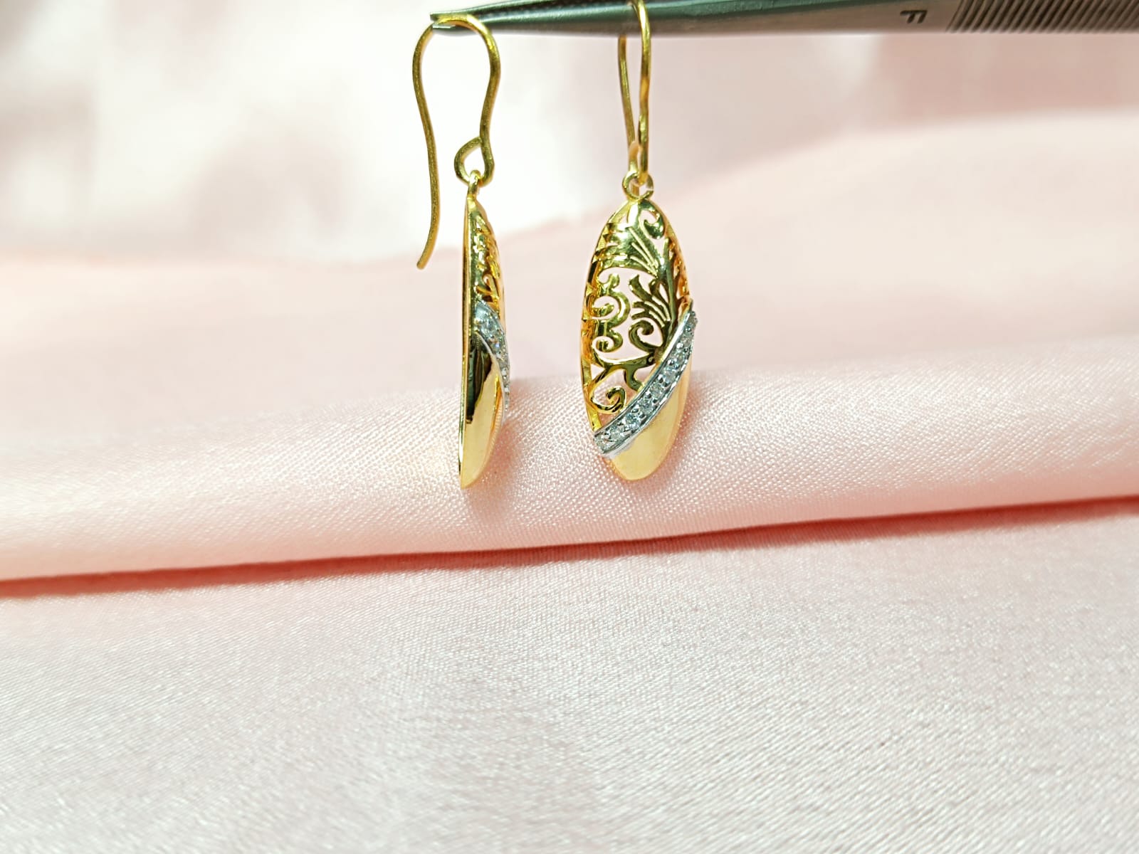 RKC Golden Unique Design Moissanite Hanging Hoop Earrings 14k Yellow Gold Plated Weight 4.5 gm